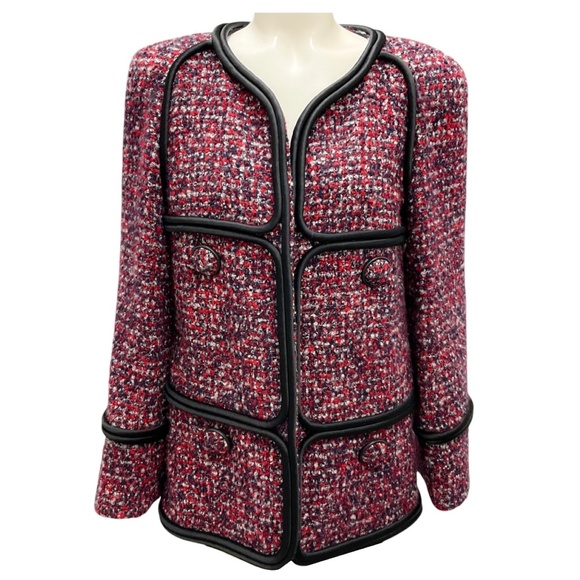 CHANEL RED / NAVY / BLACK SILK TRIMMED BOUCLE CASHMERE TWEED JACKET - Picture 1 of 5